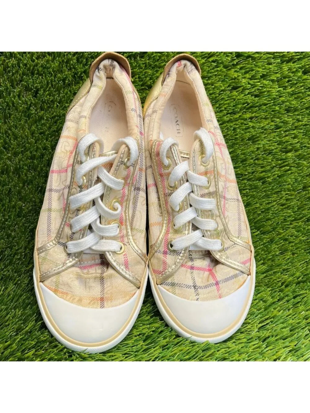 Coach Barrett Tattersall Plaid Women Size 7.5 Cream Gold Athletic Shoes Sneakers